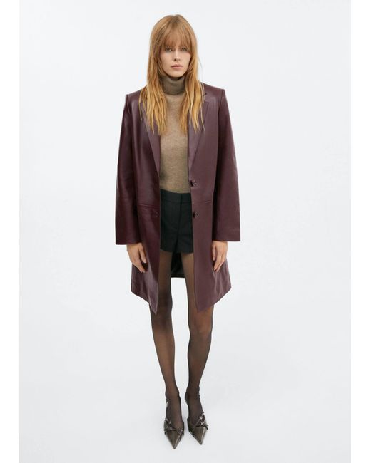 Mango Brown Leather Coat With Lapels