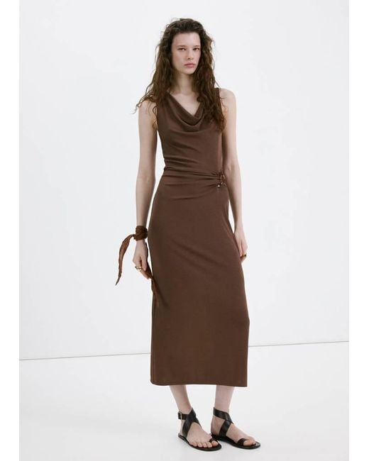 Mango Brown Draped Neck Dress With Side Ruching