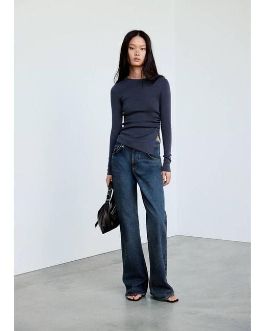 Mango Blue Ruched Fine-Knit Sweater