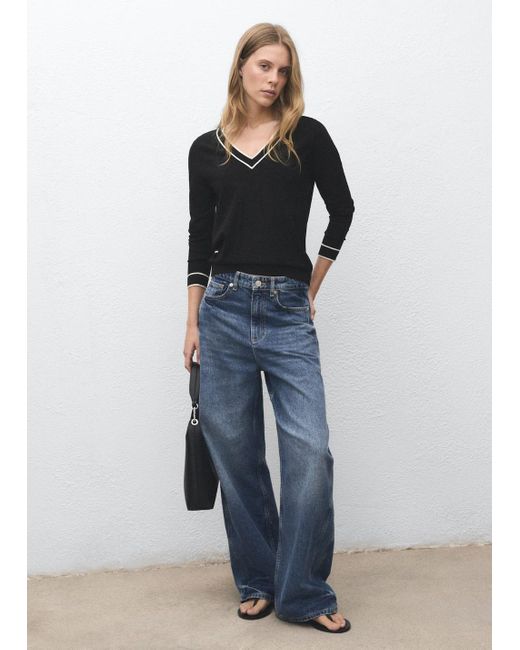 Pull-Over À Col En V Contrastant Noir Mango en coloris Blue