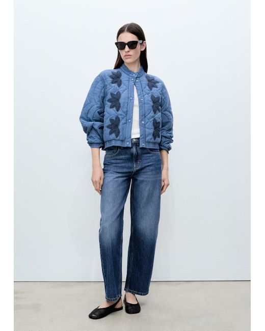 Mango Blue Floral-Embroidered Padded Jacket