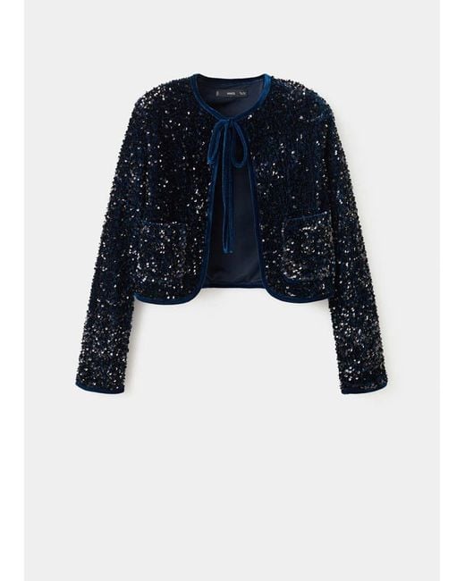 Mango Blue Velvet Jacket With Sequins And Bow