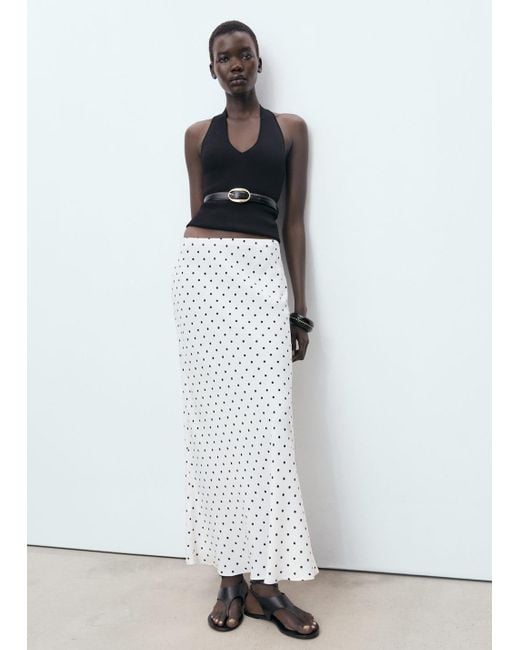 Mango White Long Polka-Dot Skirt