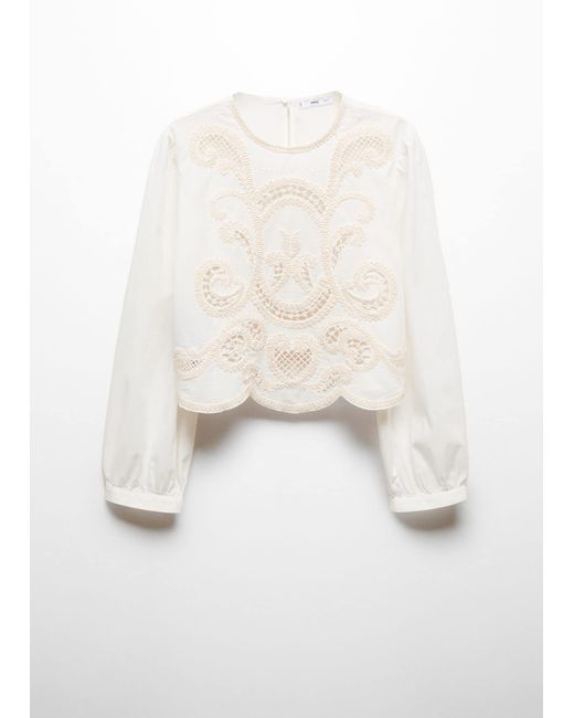 Mango White Embroidered Puff-sleeve Blouse Off