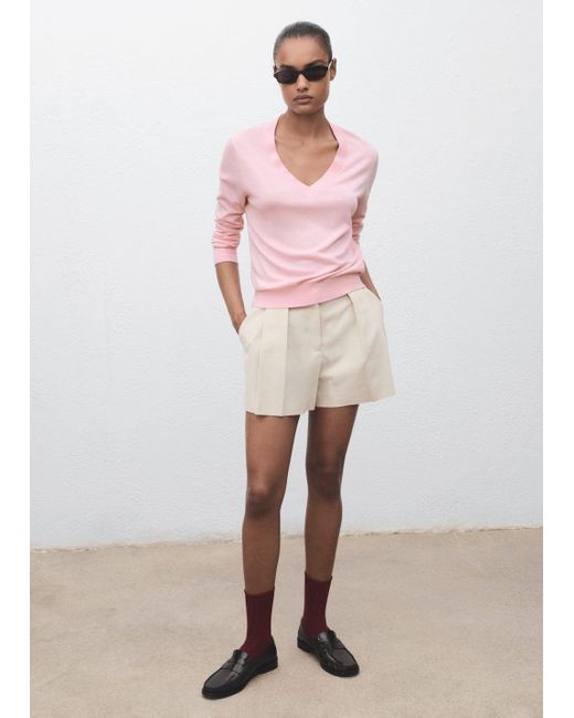 Mango Pink Fine-Knit V-Neck Sweater