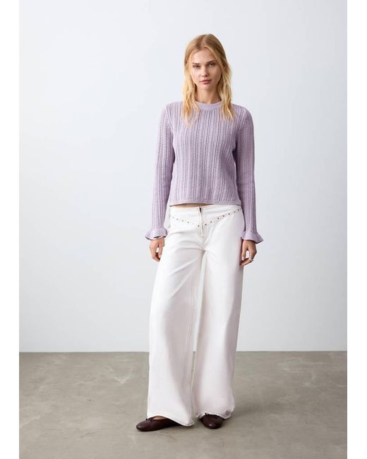 MANGO TEEN White Openwork Knitted Sweater With Ruffles