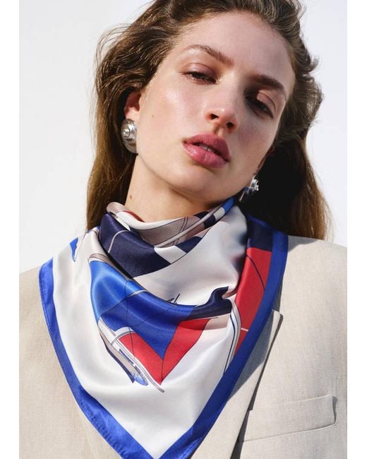 Mango Blue Medium-Sized Scarf With Boats Print