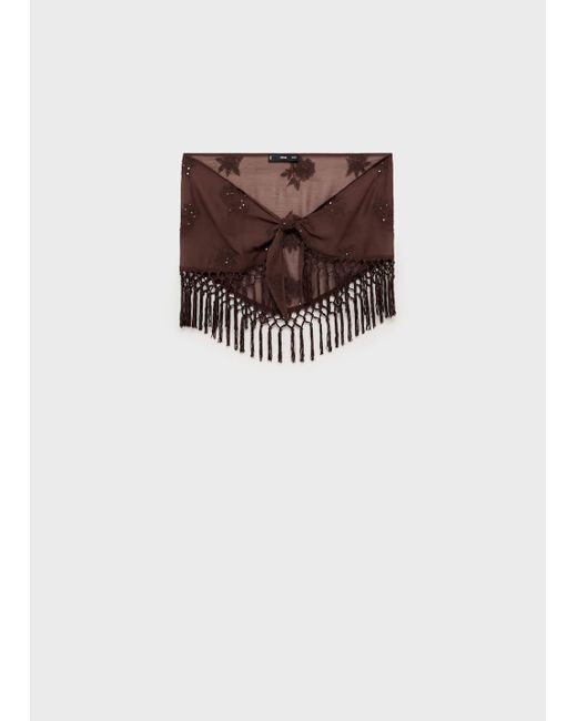 Mango Brown Embroidered Mini-Skirt With Fringe
