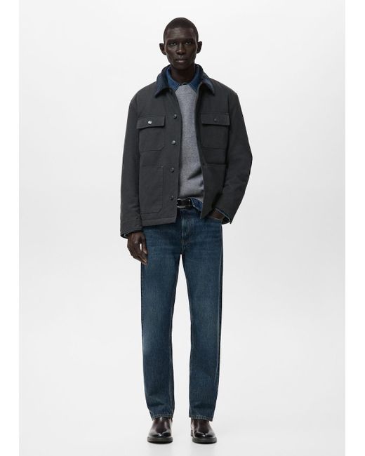 Mango Blue Quilted Jacket With Corduroy Collar for men