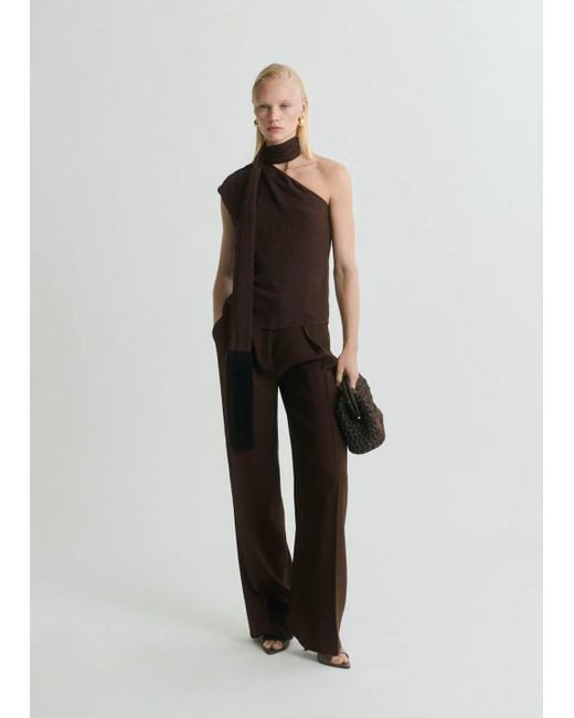 Mango Brown Asymmetrical Scarf Blouse With Fringe Detail
