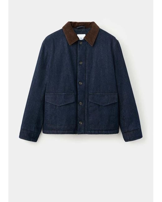 Mango Blue Quilted Denim Jacket With Corduroy Collar for men