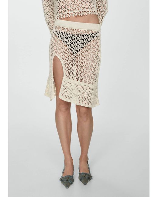 Mango White Crochet Skirt With Opening Off