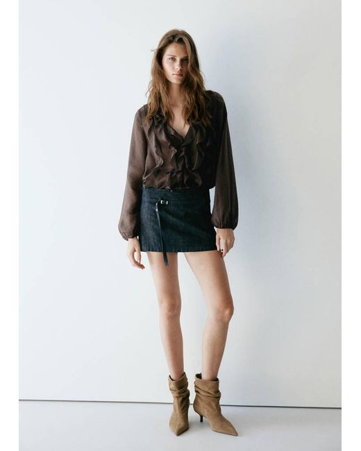 Mango Black Ruffled Lyocell Blouse