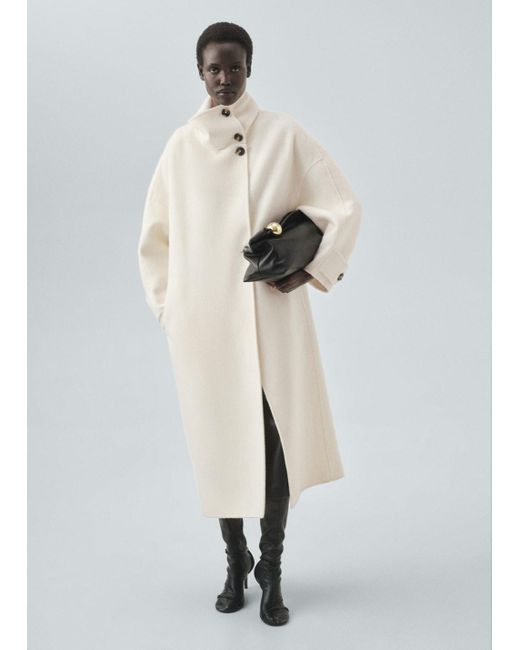 Mango White Wool Funnel-Neck Coat