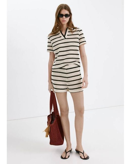 Mango White Striped Crochet Polo
