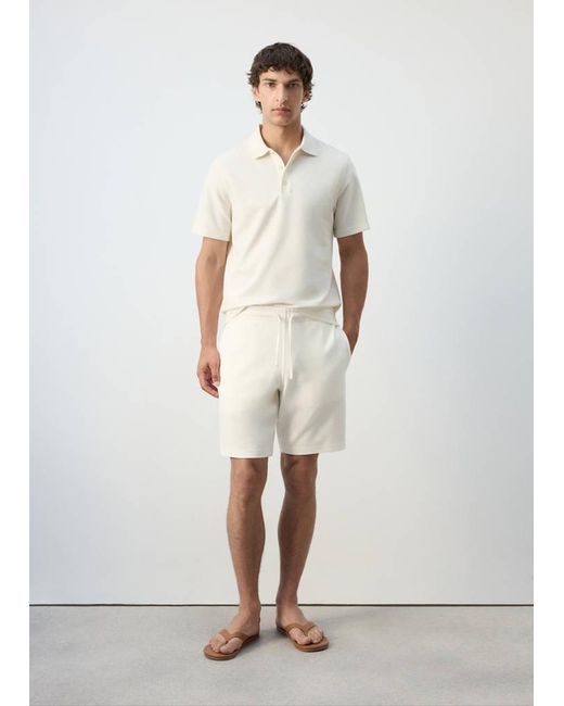 Mango White Textured Cotton Blend Polo for men