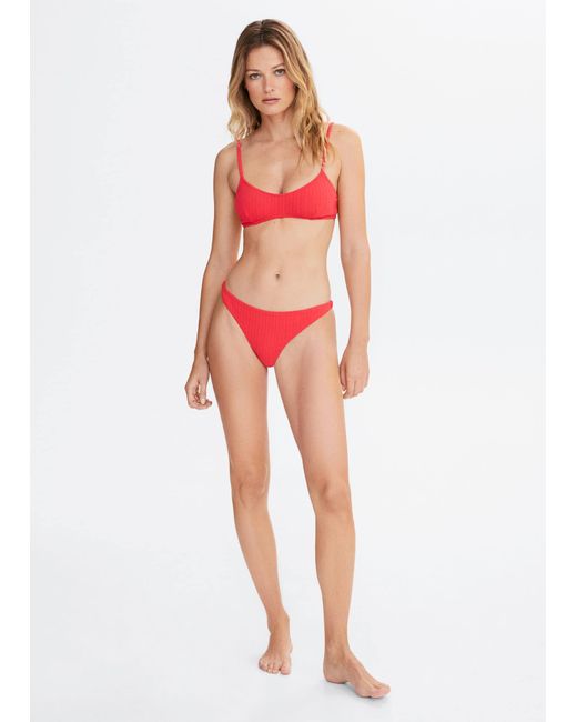 Mango Red Striped Textu Bikini Top