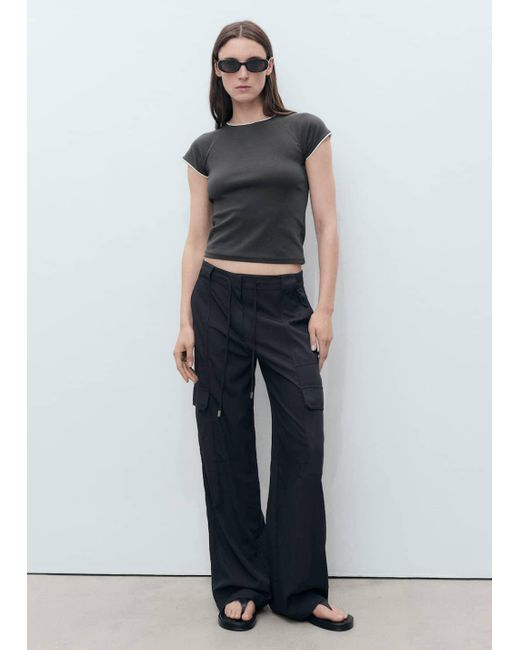 Mango Gray Cotton T-Shirt With Contrasting Trim