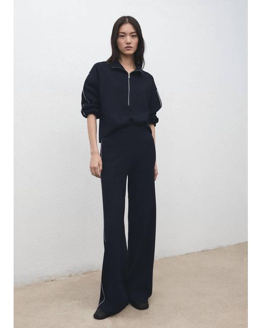 Mango Blue Zip Neck Contrast-Stripe Sweater