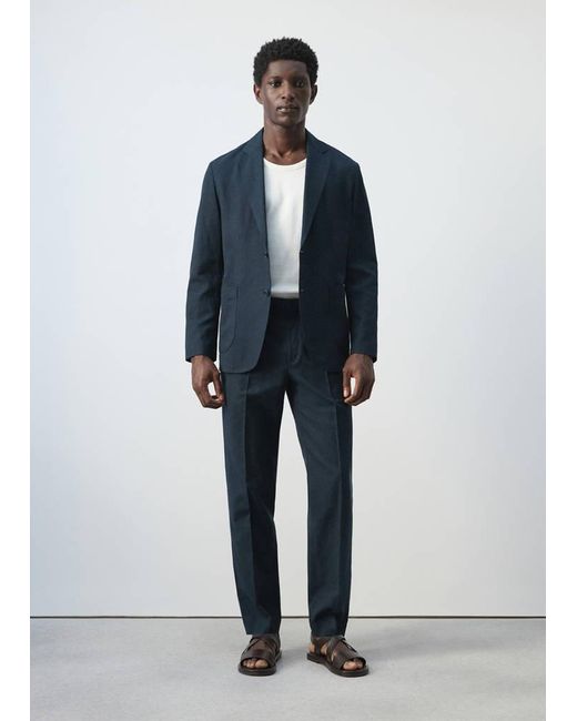 Mango Blue Slim Fit Linen Lyocell Blend Trousers for men