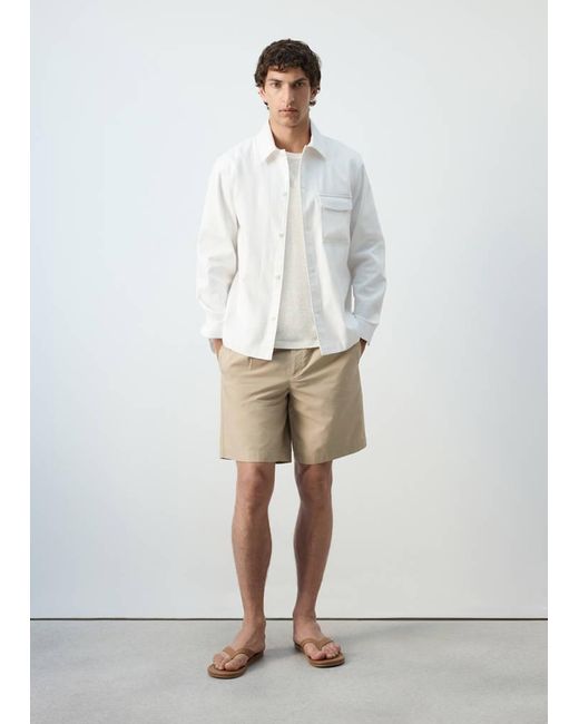 Mango White Regular Fit Cotton-Linen Blend Overshirt for men