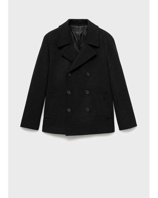 Mango Black Wool Double-Breasted Coat With Buttons for men