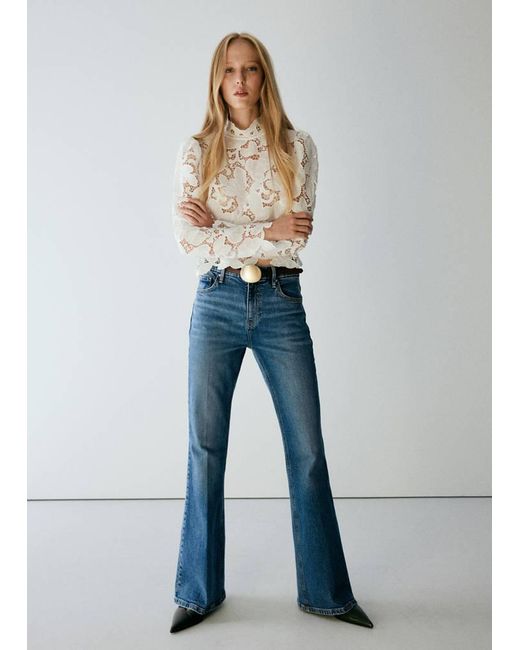 Mango Blue Guipure Lace Blouse With A Mao Collar