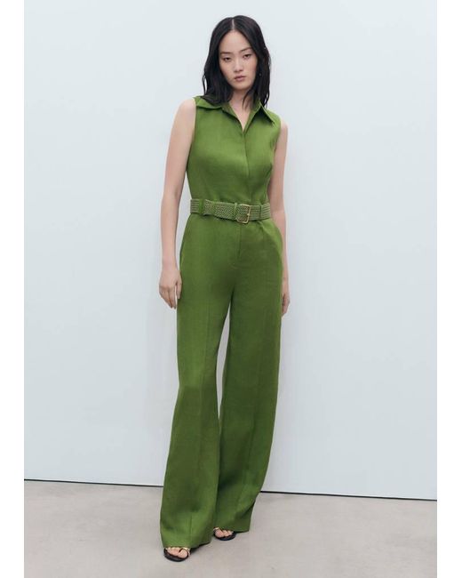 Mango Green Linen Shirt Jumpsuit With Belt