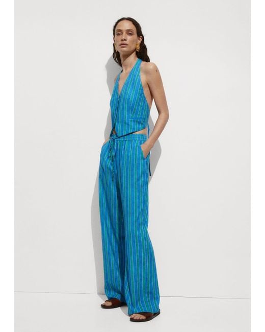 Mango Blue Stripe-print Linen Trousers