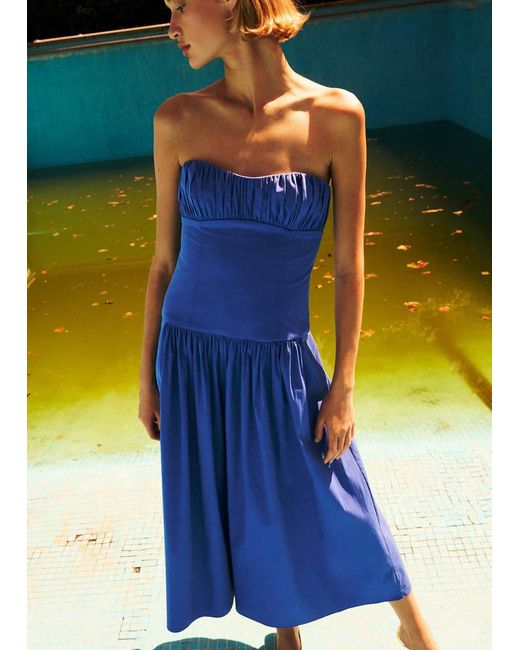 Mango Blue Ruched Strapless Dress