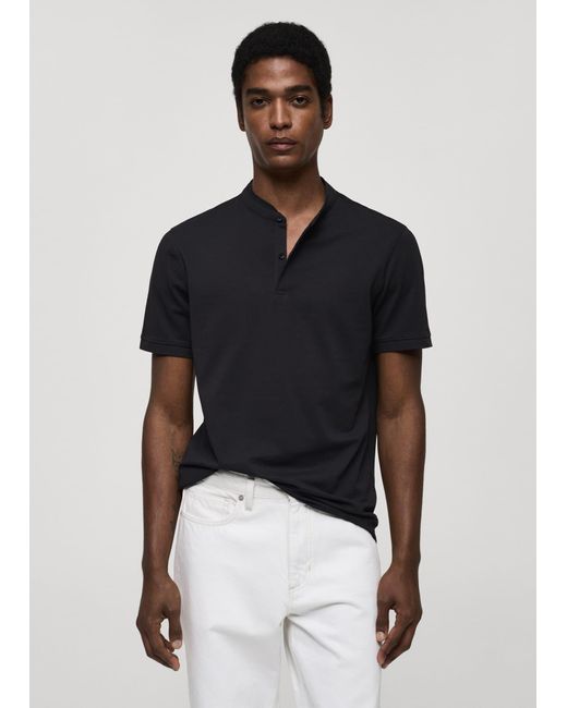 Mango White Cotton Pique Polo Shirt, Mao Collar Dark for men