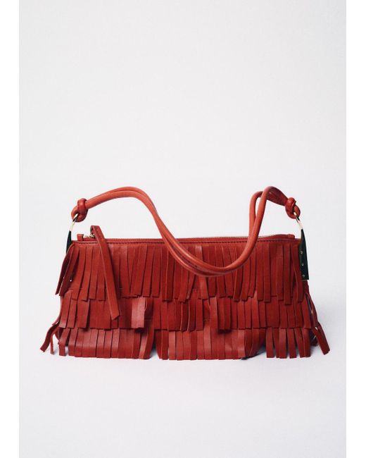 Mango Red Leather Shoulder Bag With Fringes
