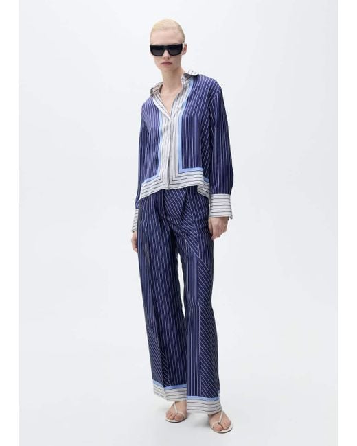 Mango Blue Satin Trousers With Combined Stripes