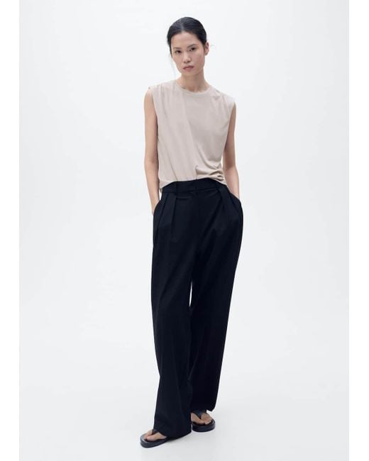 Mango Blue Flowy T-Shirt With Gathered Shoulders
