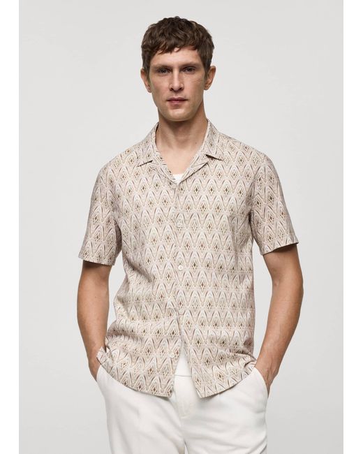 Mango White Printed Flowing Shirt With Bowling Collar for men