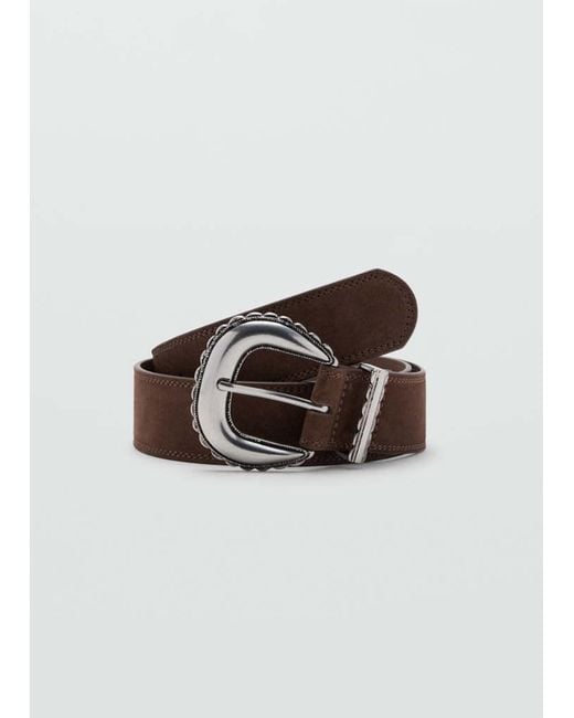 Mango Brown Engraved Buckle Leather Belt