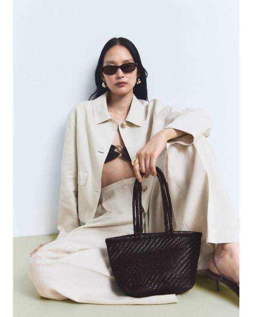 Mango White Medium Braided Leather Bag