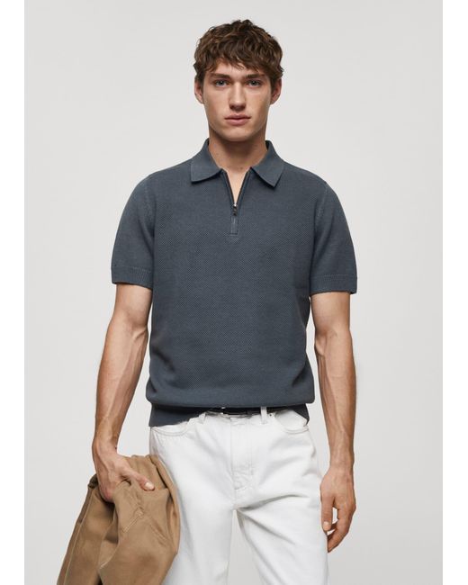 Mango Blue Cotton-knit Polo Shirt With Zip Medium for men