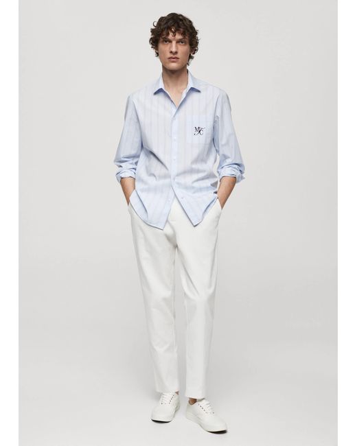 Mango White Classic-fit Cotton Striped Embroidered Shirt for men