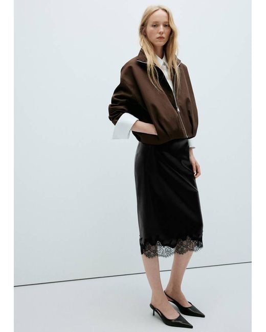 Mango Black Faux Leather Skirt With Lace Trim