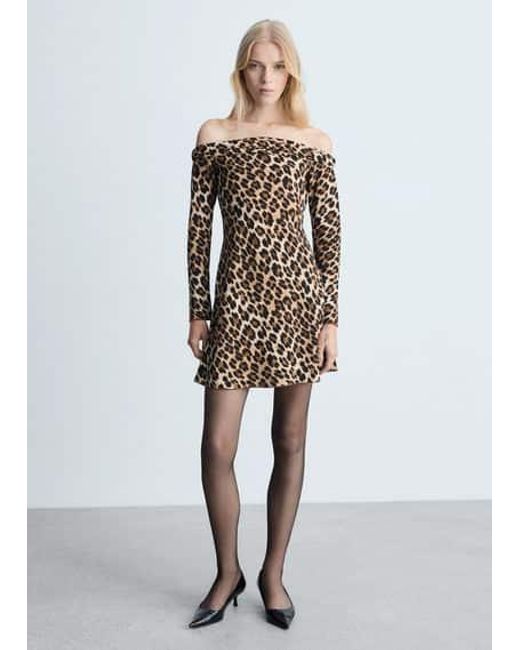 Mango White Leopard-Print Off-The-Shoulder Dress