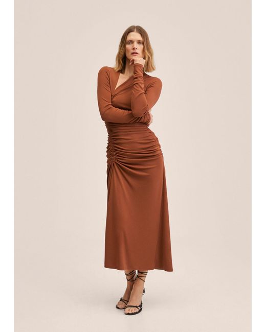 Mango Synthetic Cutout Ruched Dress Russet Lyst
