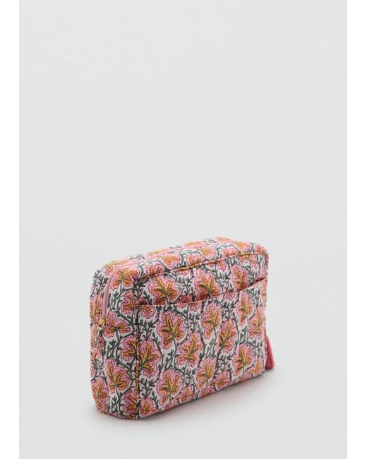 Mango White Flower-Printed Cotton Toiletry Bag