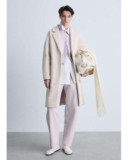 Mango White Oversized Bouclé Long Coat