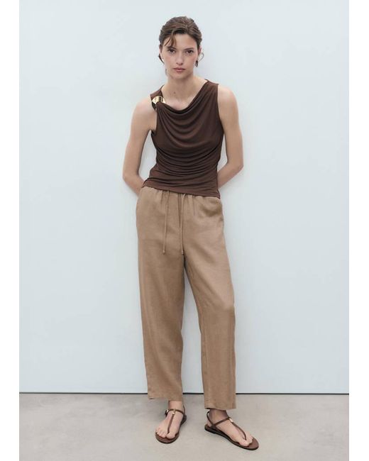 Mango Multicolor Linen Trousers With Drawstring
