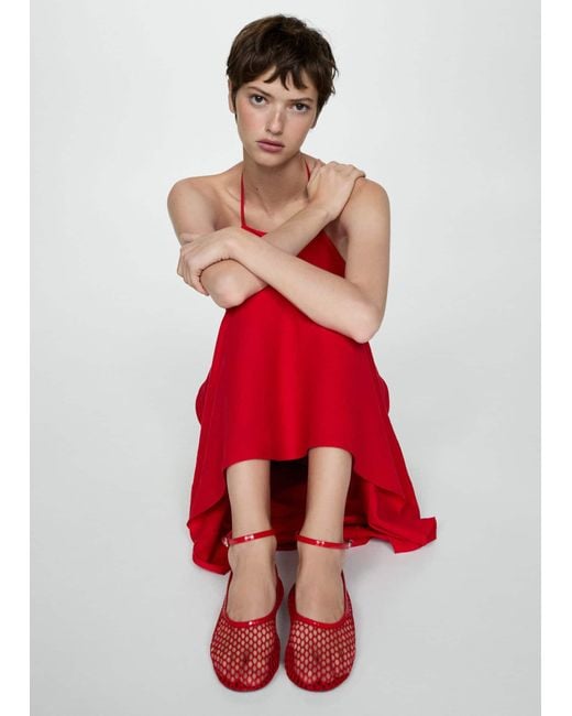 Mango Red Mesh Ballet Flats With Strap And Buckle