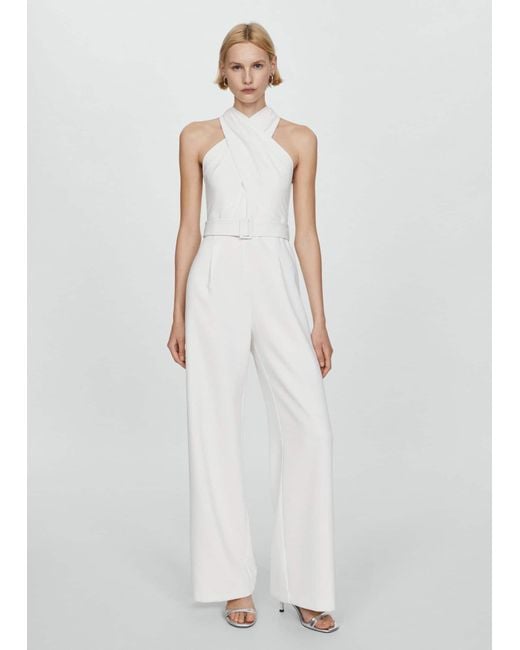 Mango White Belted Crossover Collar Jumpsuit Off