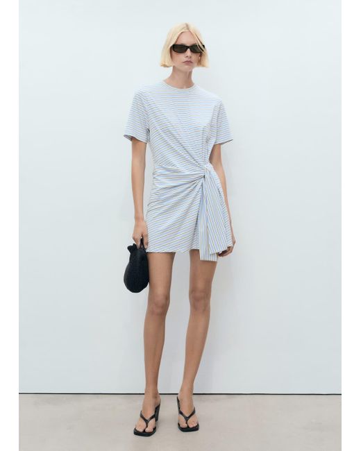 Mango White Short Striped Dress With Knot