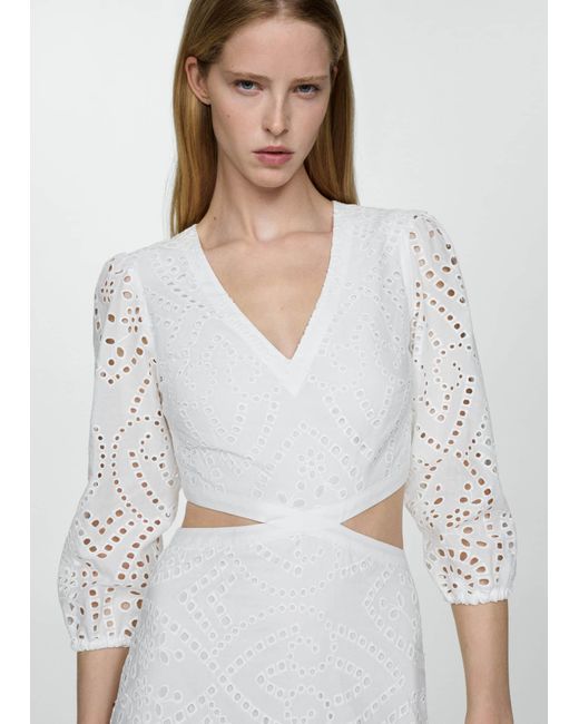 Mango White Embroidered Dress With Slits