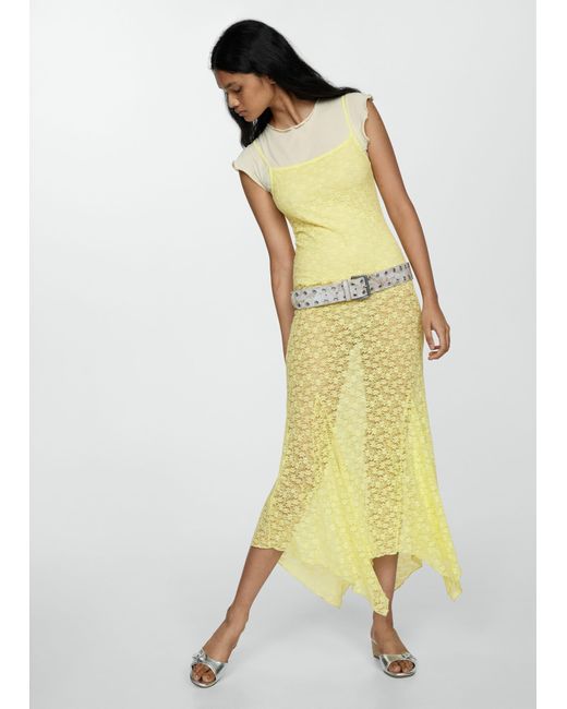 Mango Yellow Floral Lace Dress With Asymmetrical Hem Pastel